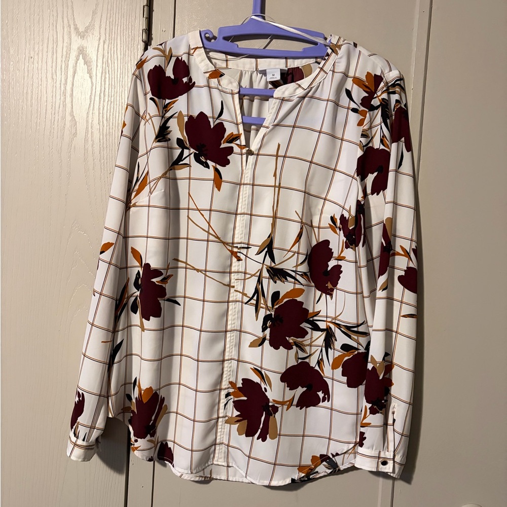 Liz Claiborne Burgundy Floral Check Blouse